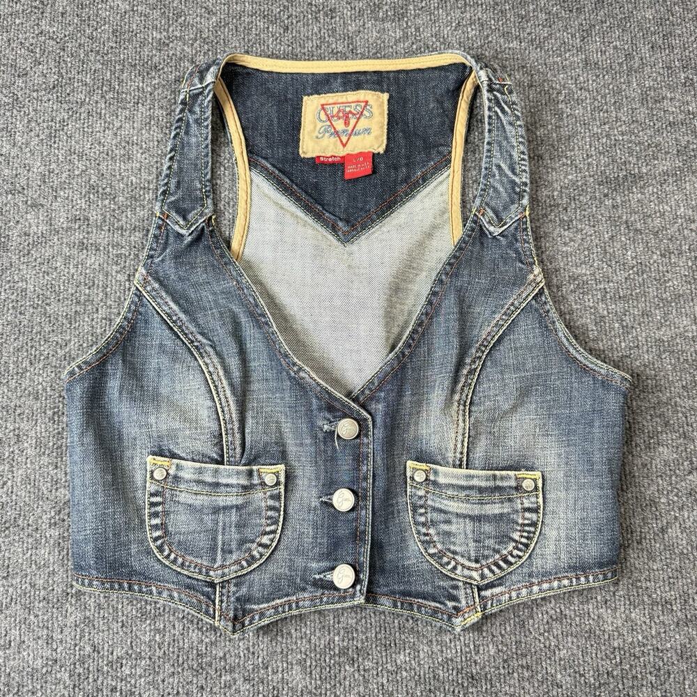 Vintage Y2K Guess Jeans Denim Vest Cropped Womens Size Large Blue Made In USA